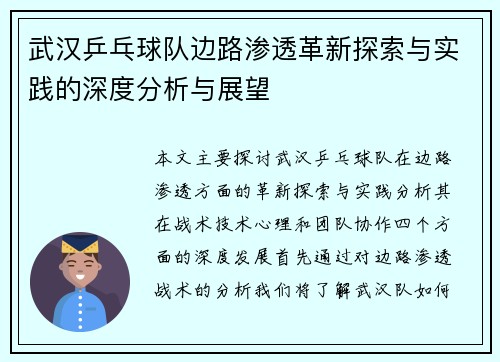 武汉乒乓球队边路渗透革新探索与实践的深度分析与展望